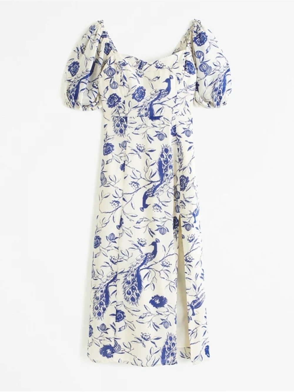 Abercrombie NWT Camille Puff-Sleeve Midi Dress Blue Peacock Toile Floral XS
